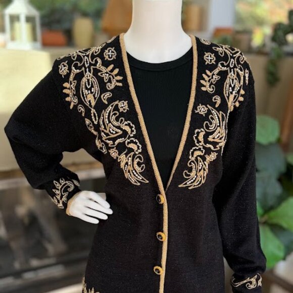 Vintage Black Cardigan Sweater, Metallic Gold Trim, Pearl Beads, Size L - Picture 4 of 10